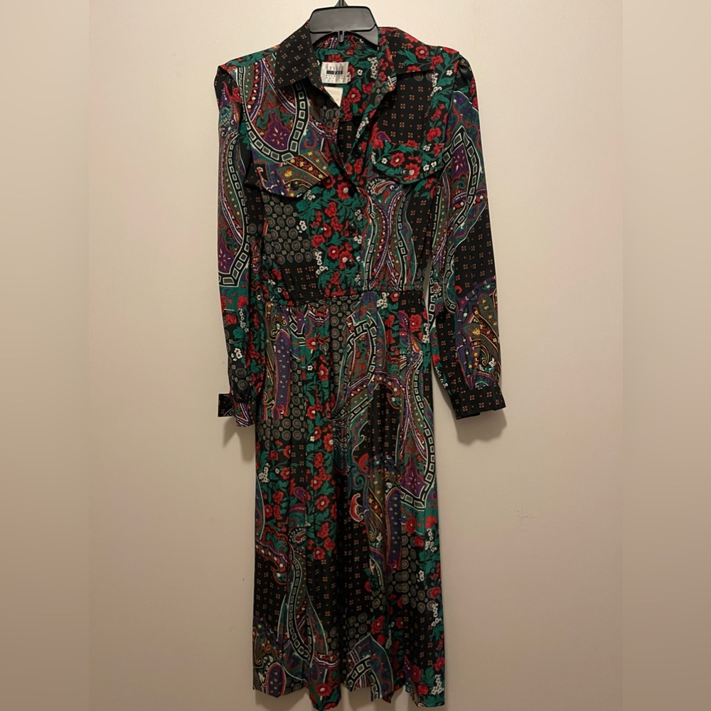 Leslie Fay Black and Multicolor Paisley Midi Dress
